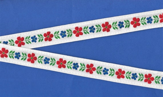FLORAL F-19-D Jacquard Ribbon Cotton Trim, 7/8" Wide (22mm) Off-White Background, Red & Blue Flowers, Green Leaves, Priced Per Yard