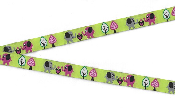 CHILDREN's C-16-A Jacquard Ribbon Poly Trim 5/8" wide (16mm) Lime Green w/Pink & Gray Elephants