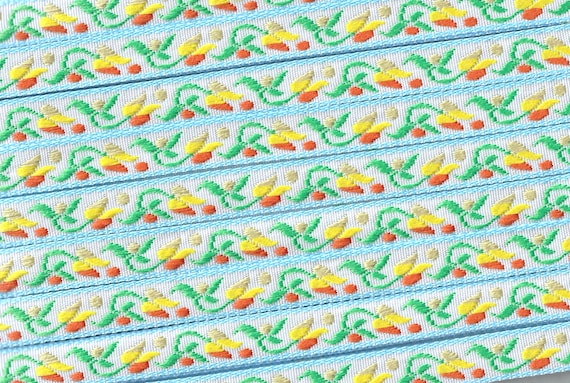 FLORAL B-10-D Jacquard Ribbon Woven Polyester Trim 7/16" wide, White w/Blue Borders, Variegated Yellow/Orange Tulips, Green Leaves