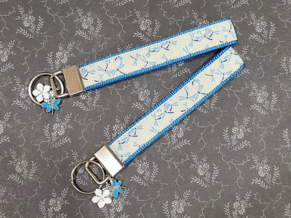 Jacquard Ribbon/Nylon Web 3/4" wide (20mm) Key Fobs, Blue Dragonflies w/Charms, Keychain, Wristlet, Zipper Pulls, Luggage Tags 5.5" long
