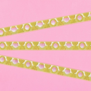 Cinta de jacquard con lunares B-21-i, ribete de poliéster, 1/2" de ancho (13 mm), poco común, fabricada en Francia, lunares retro modernos en rosa pastel, peridoto y lima