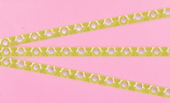 POLKA DOTS B-21-i Jacquard Ribbon Poly Trim 1/2" Wide (13mm) RARE Made in France, Pastel Pink, Peridot & Lime Mod Retro Polka Dots