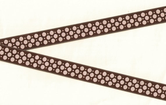 POLKA DOTS D-05-A Jacquard Ribbon Poly Trim 3/4" Wide (20mm) REVERSIBLE Douglas Paquette, Brown Background w/Pale Pink Dots