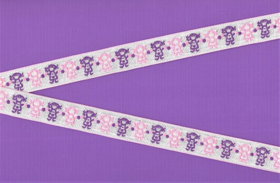 CHILDREN's D-01-B Jacquard Ribbon Cotton Trim, 3/4" Wide (20mm) Off-White w/Pink Border, Pink & Purple Little Girls Holding Hands