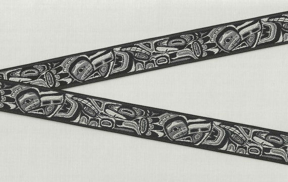 NATIVE AMERICAN E-10-A Jacquard Ribbon Poly Trim 7/8" wide (22mm) Black Background w/Tlingit Design in Gray Tones