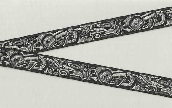 NATIVE AMERICAN E-10-A Jacquard Ribbon Poly Trim 7/8" wide (22mm) Black Background w/Tlingit Design in Gray Tones, Per Yard