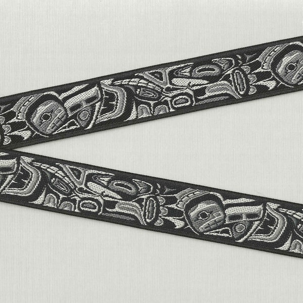 NATIVE AMERICAN E-10-A Jacquard Ribbon Poly Trim 7/8" wide (22mm) Black Background w/Tlingit Design in Gray Tones, Per Yard