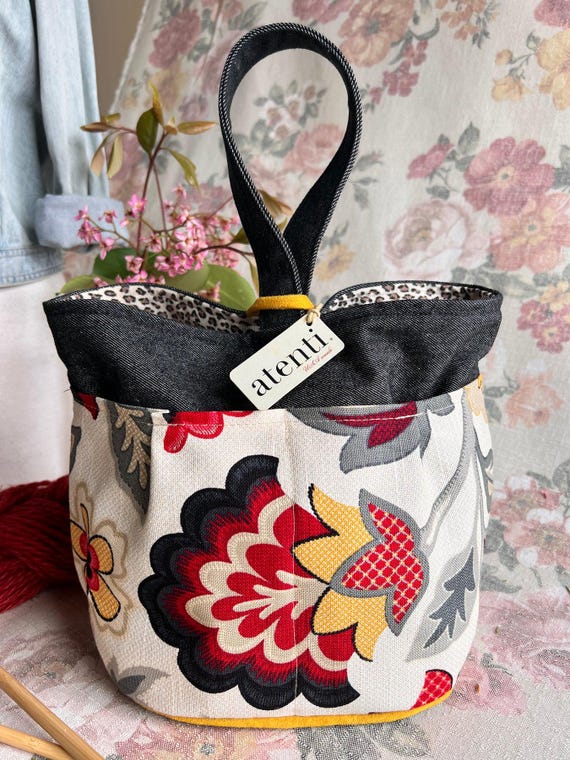 ATENTI Handmade Bags "CARMINE" Large Floral Tote, 8-Pocket Tall Caddy Organizer, Needle Arts/Knitting Bag, Project Bag, USA Made