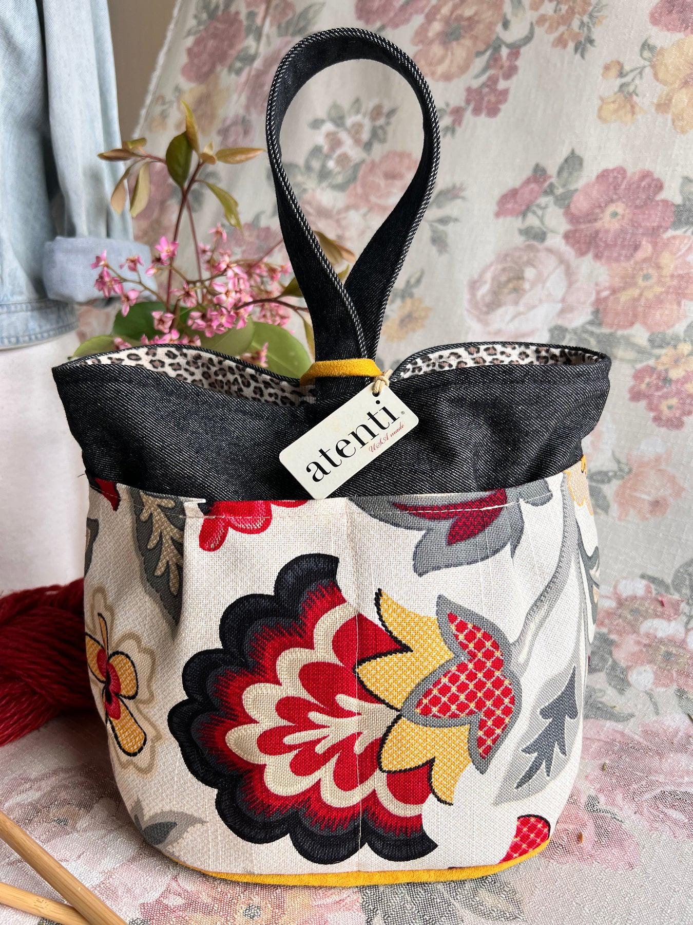 ATENTI Handmade Bags CARMINE Large Floral Tote 8 Pocket Tall Caddy Organizer Needle Arts Knitting Bag Project Bag USA Made