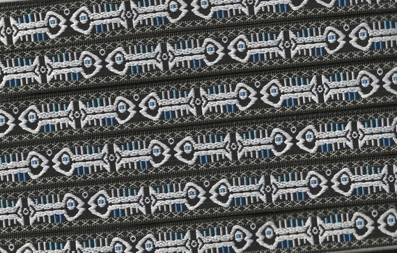ANIMALS/Water C-15-B Jacquard Ribbon Poly Trim 5/8" Wide (16mm) Black w/White Fish Skeletons, Beige & Blue Accents, Per Yard