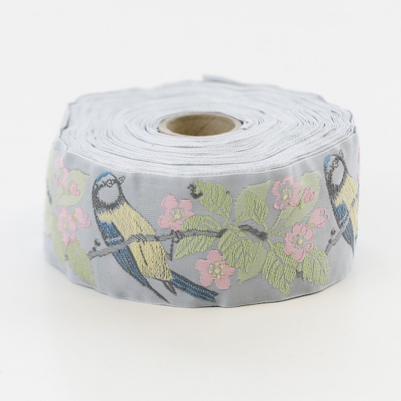 KAFKA H-12/03 Jacquard Ribbon Organic Cotton Trim 1-1/2" wide (38mm) Gray w/Blue Yellow Titmouse Bird Cherry Blossoms Green Leaves