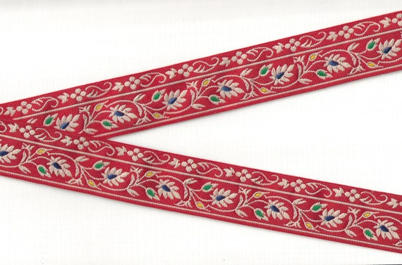 FLORAL G-11-D Jacquard Ribbon Poly Trim 1-3/8" wide (34mm) Made in France, Red w/Lt Tan Scrolls/Leaves/Vines, Navy Blue/Yellow/Green Accents