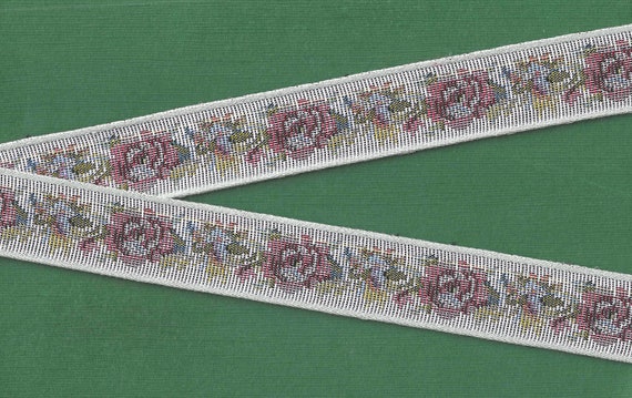 FLORAL TAPESTRY F-20-F Jacquard Ribbon Poly/Cotton Trim 1-1/8" wide (28mm) Gray w/Rose Pink & Blue Flowers, Silver Metallic Accents