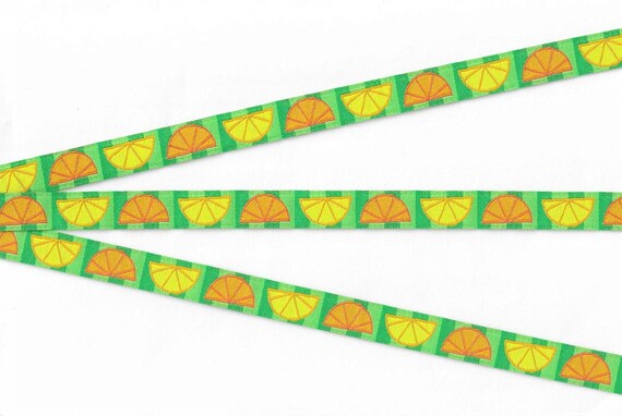 NOVELTY/Fruit B-06-A Jacquard Ribbon Polyester Trim 1/2" Wide (13mm) Orange & Lemon Slices on Lime Green Background, Per Yard