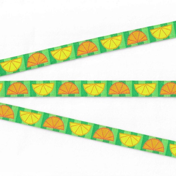NOUVEAUTÉ/Fruit B-06-A Ruban Jacquard Bordure en polyester de 1/2 po. de large (13 mm) Tranches d'orange et de citron sur fond vert citron, par mètre