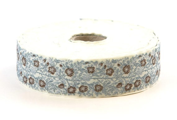KAFKA F-02/42 Jacquard Ribbon Woven Organic Cotton Trim 1" wide (25mm) Ivory Background, Cream & Brown Wild Roses, Blueish- Gray Leaves