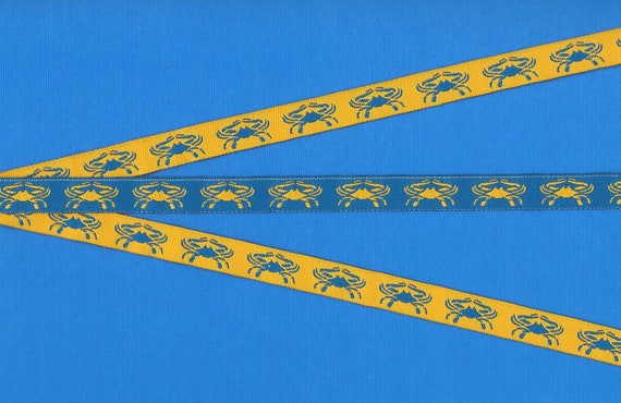 ANIMALS/Water B-01-A Jacquard Ribbon Poly Trim 1/2" Wide (13mm) REVERSIBLE, Natalie Dansey Design, Blue Crabs on Golden Yellow