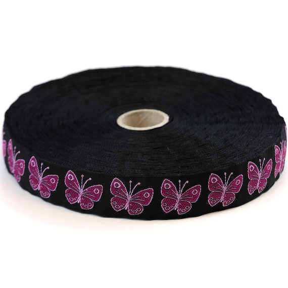 KAFKA D-10a/07 Jacquard Ribbon Woven Organic Cotton Trim 13/16" wide (21mm) Black with Magenta & Lilac Butterflies