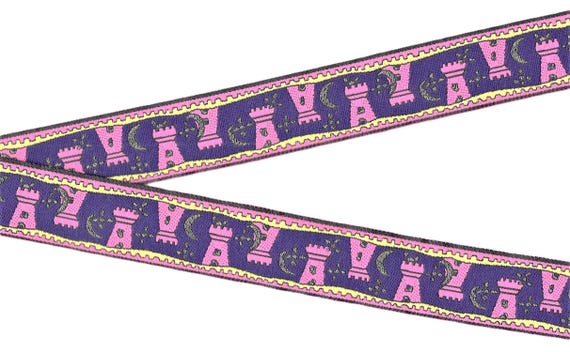 CHILDREN's Fairy Tales G-05-B Jacquard Ribbon Poly Trim 1-1/4" wide (32mm) Purple w/Pink Castles Metallic Gold Accents