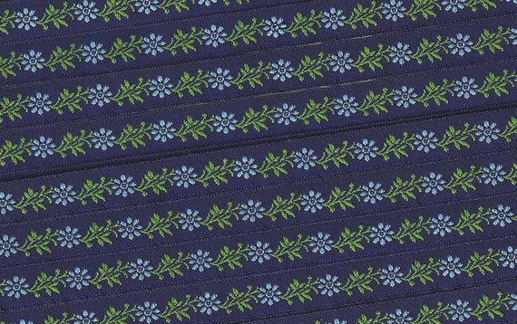 KAFKA A-02/21 Jacquard Ribbon Woven Organic Cotton Trim 7/16" wide (10mm) Navy w/Lt Blue Flowers, Green Leaves