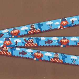 KINDER Märchen C-11-A Jacquard Band Poly Trim 5/8 "breit (16 mm) Janeas World, Blau, Braun & Orange Vikings Boats Fish