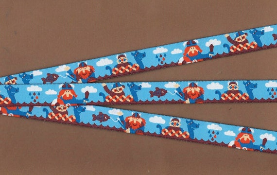 CHILDREN's Fairy Tales C-11-A Jacquard Ribbon Poly Trim 5/8" Wide (16mm) Janeas World, Blue Brown & Orange Vikings Boats Fish