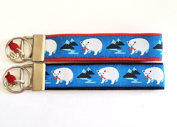 WILDLIFE Jacquard Ribbon/Nylon Web 1" wide (25mm) Key Fobs, Mountains Polar Bears & Red Fish w/Charms, Keychain, Luggage Tags 5.5" long