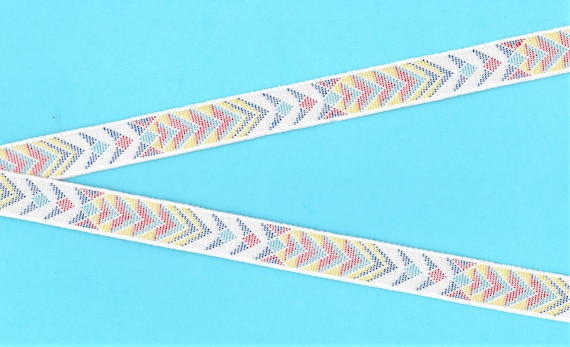 NATIVE AMERICAN C-26-F Jacquard Ribbon Cotton, 5/8" Wide (16mm) Tapestry, White w/Blue, Aqua, Peach & Yellow Chevron Tribal Design, Per Yard