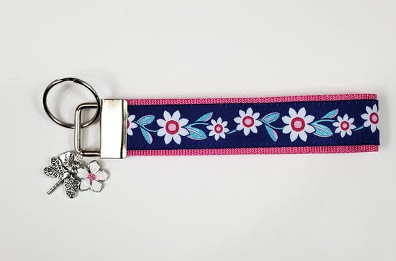 FLORAL Jacquard Ribbon/Nylon Web 1" wide (25mm) Key Fobs, Daisies on Blue w/Charms, Keychain, Key Wristlet, Luggage Tags, 5.5" long