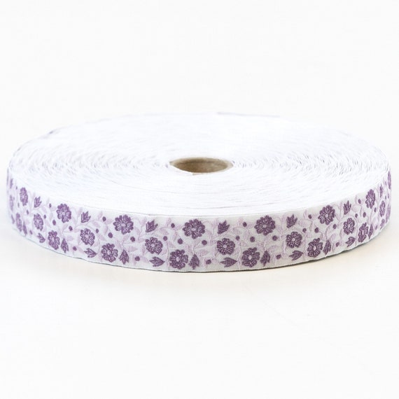 KAFKA D-03/08 Jacquard Ribbon Woven Organic Cotton Trim 3/4" wide (20mm) White w/Purple Flowers & Lilac Leaves