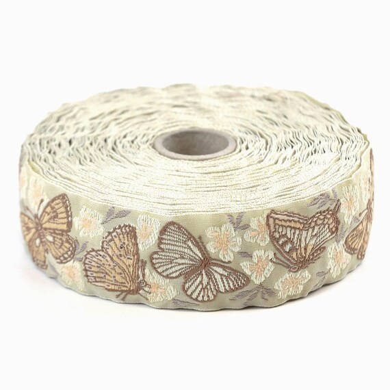 KAFKA G-22/02 Jacquard Ribbon Woven Organic Cotton Trim 1-1/4" wide (32mm) Beige with Brown/Yellow/Cream Butterflies, Beige & Cream Blossoms