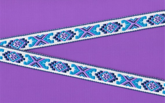 NATIVE AMERICAN E-01-C Jacquard Ribbon Polyester Trim 7/8" Wide (22mm) White Background Navy Border, Lilac, Turquoise "X" Motif, Per Yard