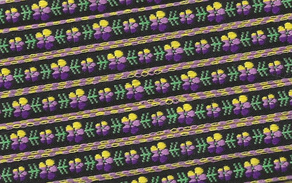 FLORAL B-27-C Jacquard Ribbon Cotton Trim 5/8" wide (16mm) Vintage, Black Background w/Variegated Purple & Yellow Flowers. Green Leaves