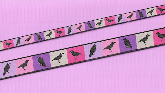 ANIMALS/Birds RDS 21-A Jacquard Ribbon Poly Trim "Spring Ravens" Pink & Purple Blocks w/Black Ravens, Width/Length Options RETIRED Design