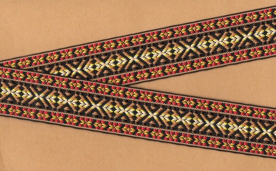 NATIVE AMERICAN H-04-B Jacquard Ribbon Trim, Poly, 1-1/2" Wide (38mm) REVERSIBLE Black, Brown, White, Yellow, Lime & Red Accents, Per Yard