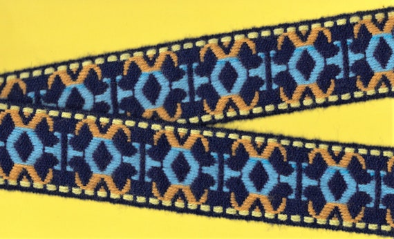 GEOMETRIC L-09-A Jacquard Ribbon Polyester Trim, 2" Wide (50mm) Navy Background w/Lt Blue, Mustard Gold & Yellow Accent, Priced Per Yard