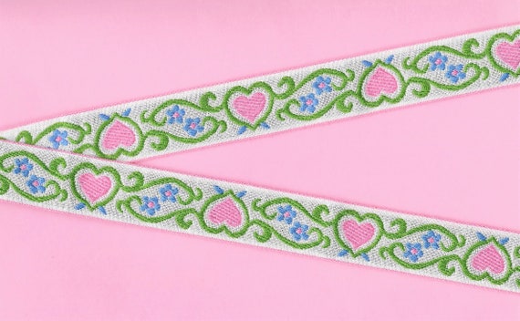 HEARTS/FLOWERS E-10-A Jacquard Ribbon Cotton Blend 15/16" wide (24mm) Nordic, White Background, Pink Hearts, Blue Flowers Green Scrolls