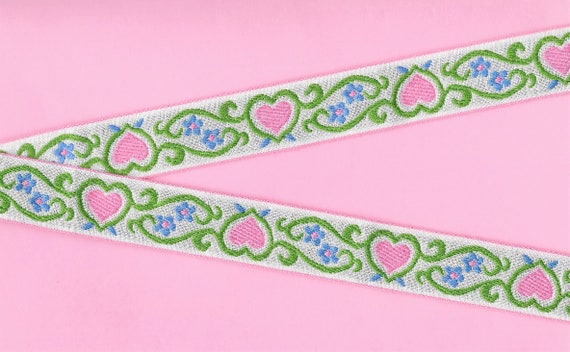 HEARTS/FLOWERS E-10-A Jacquard Ribbon Trim, Cotton, 15/16" Wide, Nordic, White Background, Pink Hearts, Blue Flowers Green Scrolls