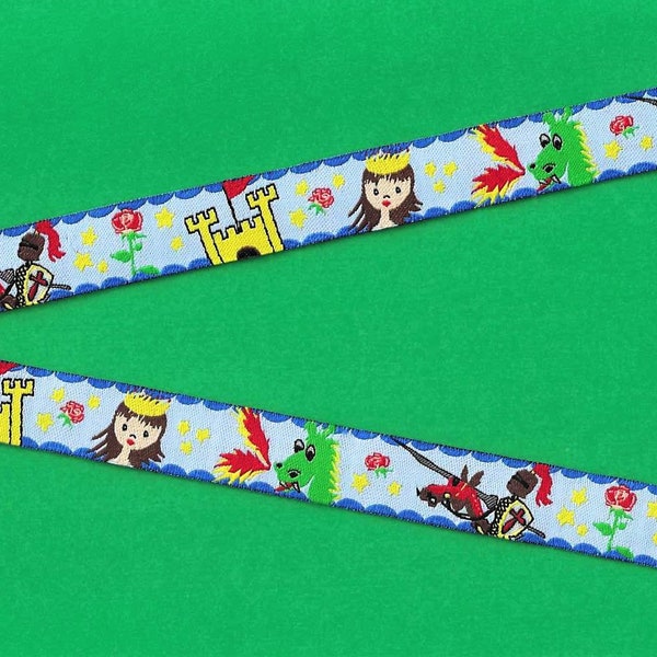 CHILDREN's Fairy Tales C-07-A Jacquard Ribbon Poly Trim, 5/8" Wide (16mm) Farbenmix from Germany Dragon, Knight, Princess & Castle