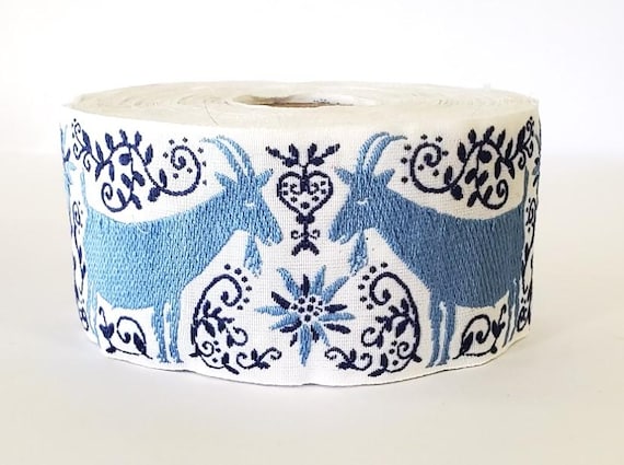 KAFKA H-22/03 Jacquard Ribbon Woven Organic Cotton Trim 1+5/8" wide (41mm) Shades of Blue Billy Goat & Edelweiss Flowers on White Background