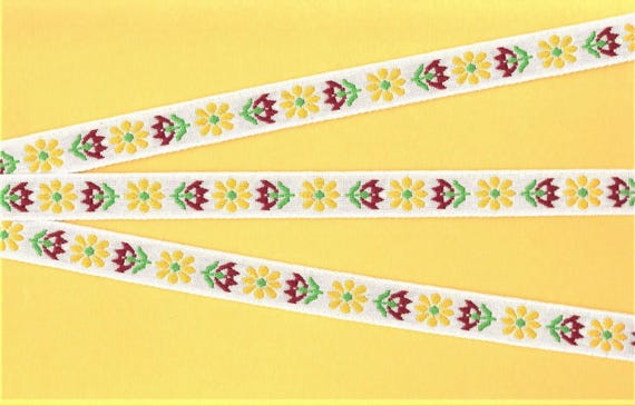 FLORAL C-05-A Jacquard Ribbon Cotton Trim 5/8" wide (16mm) White w/Red and Yellow Flowers, Folk Design