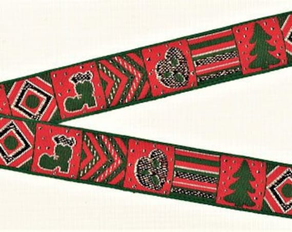 HOLIDAY G-07-A Jacquard Ribbon Cotton Trim 1-1/8" Wide (28mm) Red & Green Blocks w/Metallic Gold Accents, REMNANT 1yd+10" long