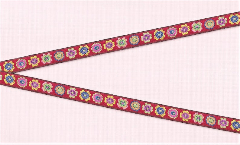 Red Background wPetite Multi-Colored Flowers Made in France Per Yard 12 Wide 13mm FLORAL B-62-B Jacquard Ribbon Polyester Trim