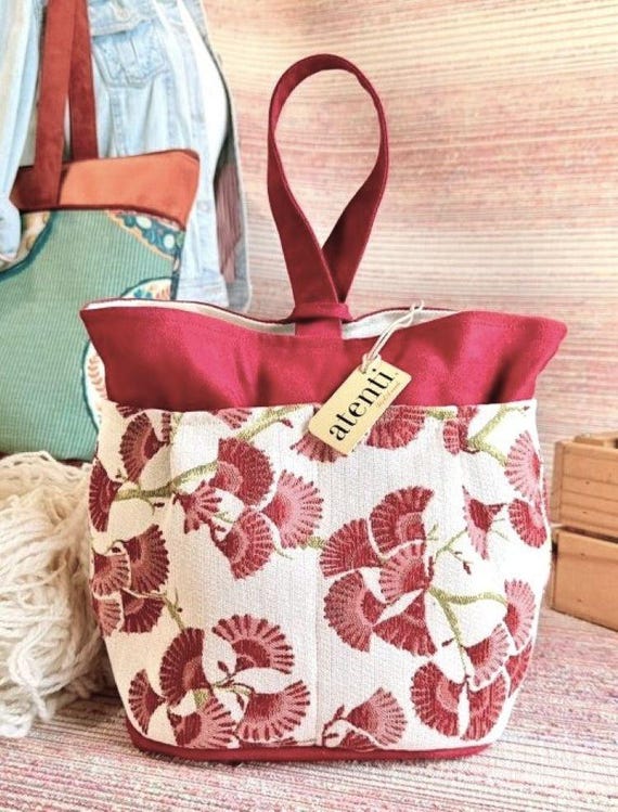 ATENTI "CHARM" Cream, Cranberry & Dusty Rose in a Ginkgo Tapestry 8-Pocket Tall Needle Arts/Knitting Bag, Project Bag, USA Made