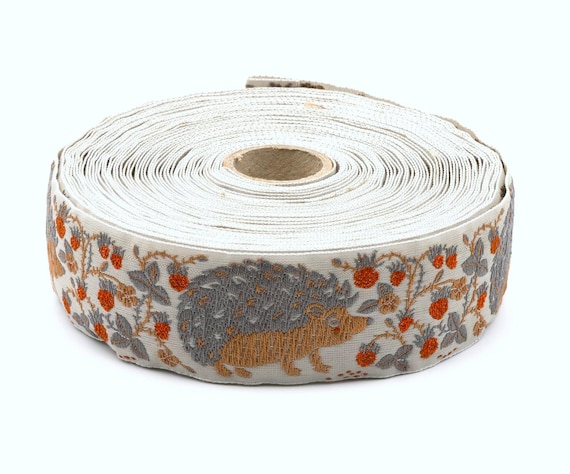 KAFKA G-33/04 Jacquard Ribbon Woven Organic Cotton Trim 1-1/4" wide (32mm) Lt. Gray Background w/Gray & Beige Hedgehogs