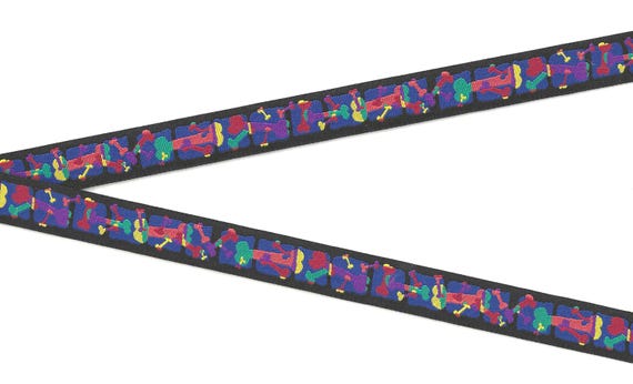 NOVELTY/Dogs C-04-A Jacquard Ribbon Polyester Trim 5/8" wide (16mm) Black Background w/Abstract Bright, Multi-Colored Dog Bones