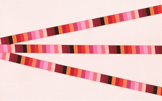 STRIPES A-01-D Jacquard Ribbon Poly Trim, 3/8" Wide (9mm) Stripes in Shades of Pink, Lilac, Peach, Red & Burgundy