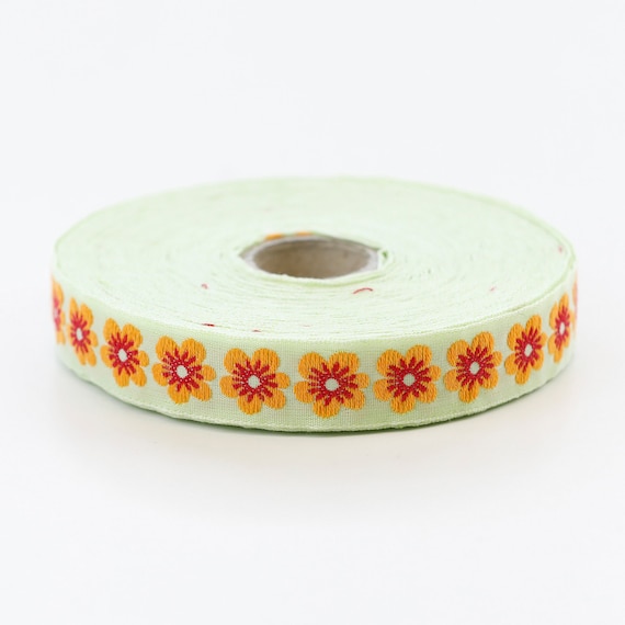 KAFKA C-05/04 Jacquard Ribbon Woven Organic Cotton Trim 5/8" wide (16mm) Lime Background w/Orange "B&B Blossoms", Red Accents