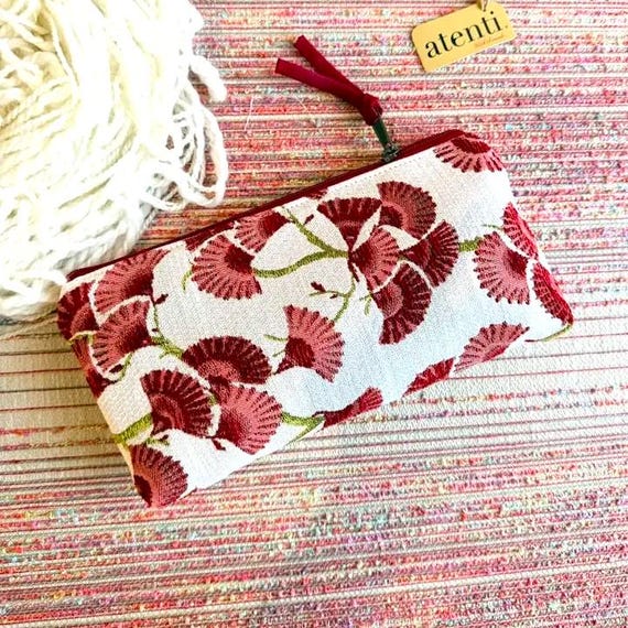 ATENTI "CHARM" Cream, Cranberry & Dusty Rose in a Ginkgo Tapestry Tall Tool Accessory Needle Arts/Knitting Pouch, USA Made
