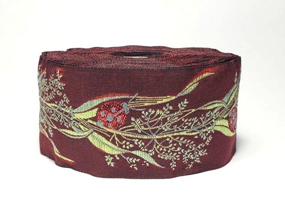 KAFKA H-01/03 Jacquard Ribbon Woven Organic Cotton Trim 1-5/8" wide (40mm) Metallic Red Ladybugs on Burgundy Sheen 2-Tone Green Leaves/Stems